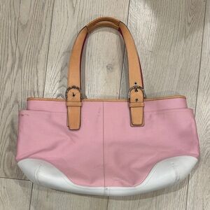 Pink and White Leather Tote Bag